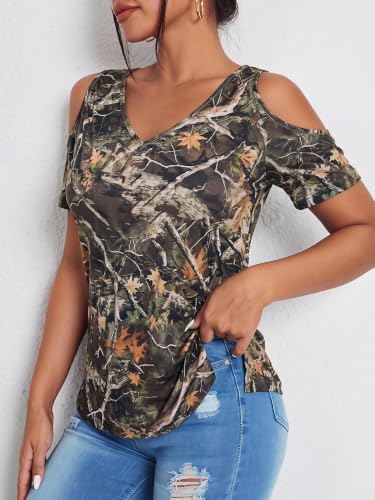 Image of RoseSeek Women's Camo Leopard Cold Shoulder T Shirts Summer Camouflage Tops | V Neck, Short Sleeve, Slim Fit, Camo Shirts, Camouflage Shirts, Summer Clothes, Vintage Streetwear