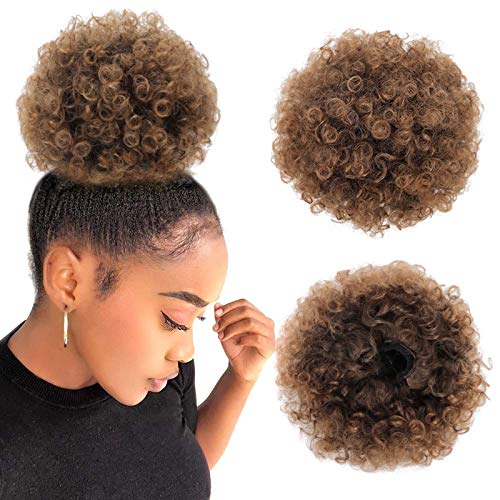 Afro Puff Drawstring Ponytail for Black Women Short Curly Synthetic Hair Bun Extension, Updo Ponytail Hair Piece with Two Clips(T4/30#)