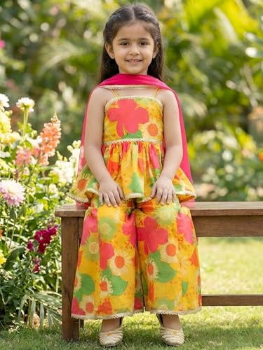 Image of Ethnic kurta for girls | Kids Salwar Suit Set | Girl's Printed top Sharara Dress Set for kids girls