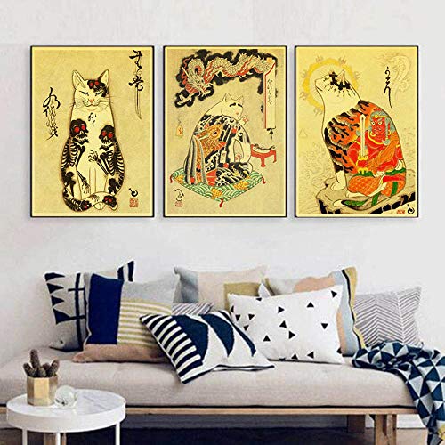 3 piezas japonés samurai gato tatuaje gato Vintage papel cartel pared arte lienzo impresión pintura decoración del hogar Sin marco 40 * 60cm*3