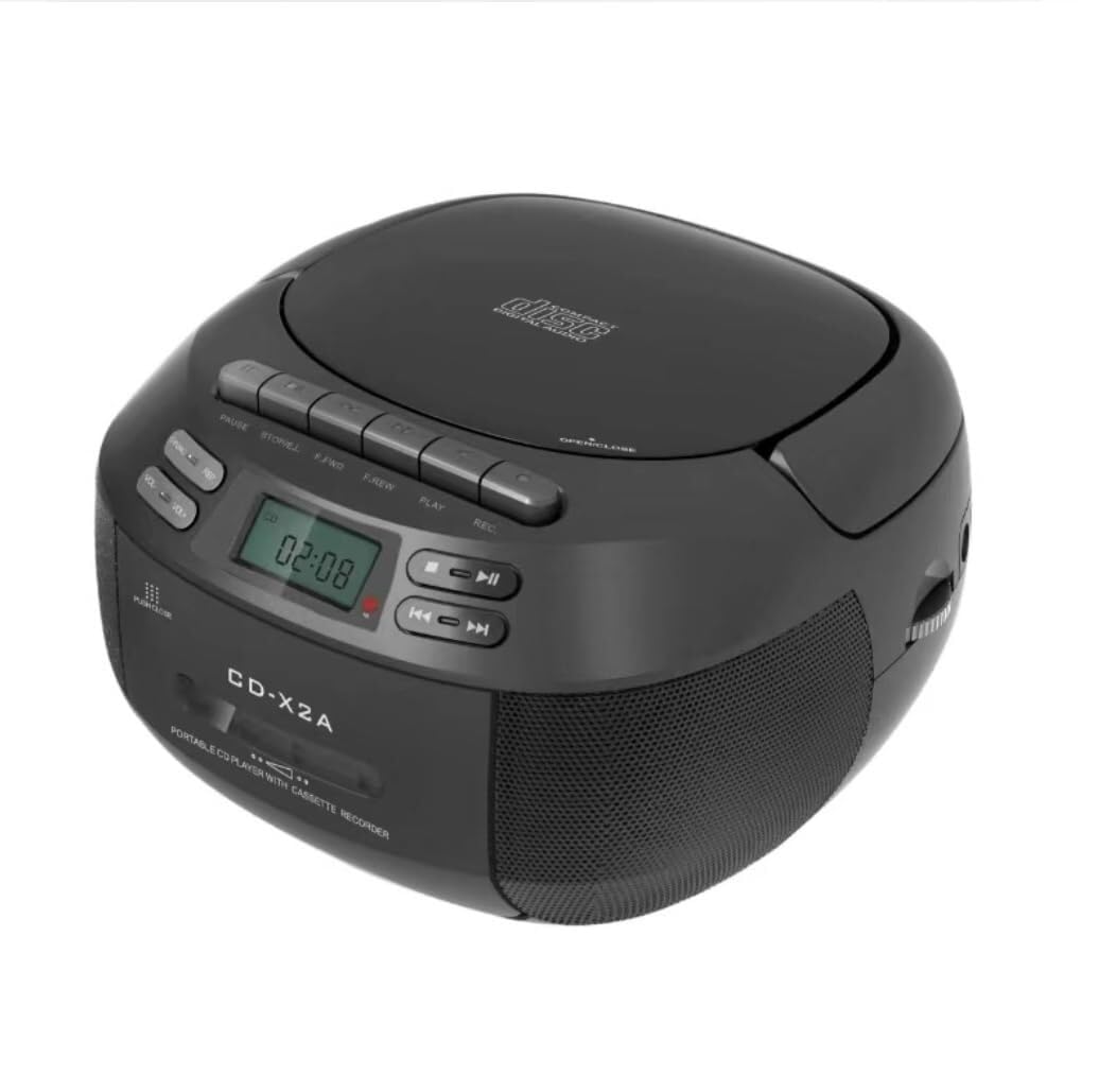 Lettore CD portatile con cassetta, FM, Bluetooth 5.1, USB/AUX, altoparlante stereo, registrazione, telecomando (nero)
