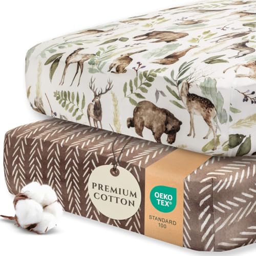 Pobibaby - 2 Pack Premium Fitted Baby Boy Crib Sheets for Standard Crib Mattress - Ultra-Soft Cotton Blend, Safe and Snug, and Stylish Woodland Crib...