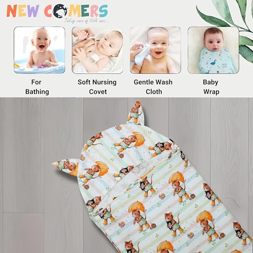 Image of NEW COMERS 100% Pure Cotton Waffle Hooded Wrapper - Baby Towel for New Born | Big Size 50cm x 26cm | Soft, Safe & Skin-Friendly | Perfect for Newborns 0-5 Years | Breathble Absorbant (Multicolor 2)