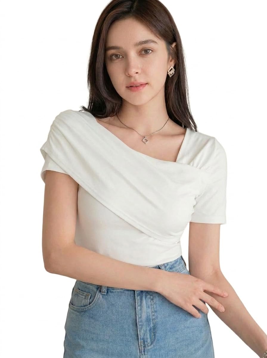 istyle can Women Ruched Asymmetrical Neck Stretch Top-picture-36