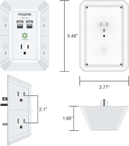 Miniatura 7 de Regleta de alimentación de 5 tomas con 4 puertos USB, protector de sobretensiones para el hogar, oficina, escuela, certificación ETL