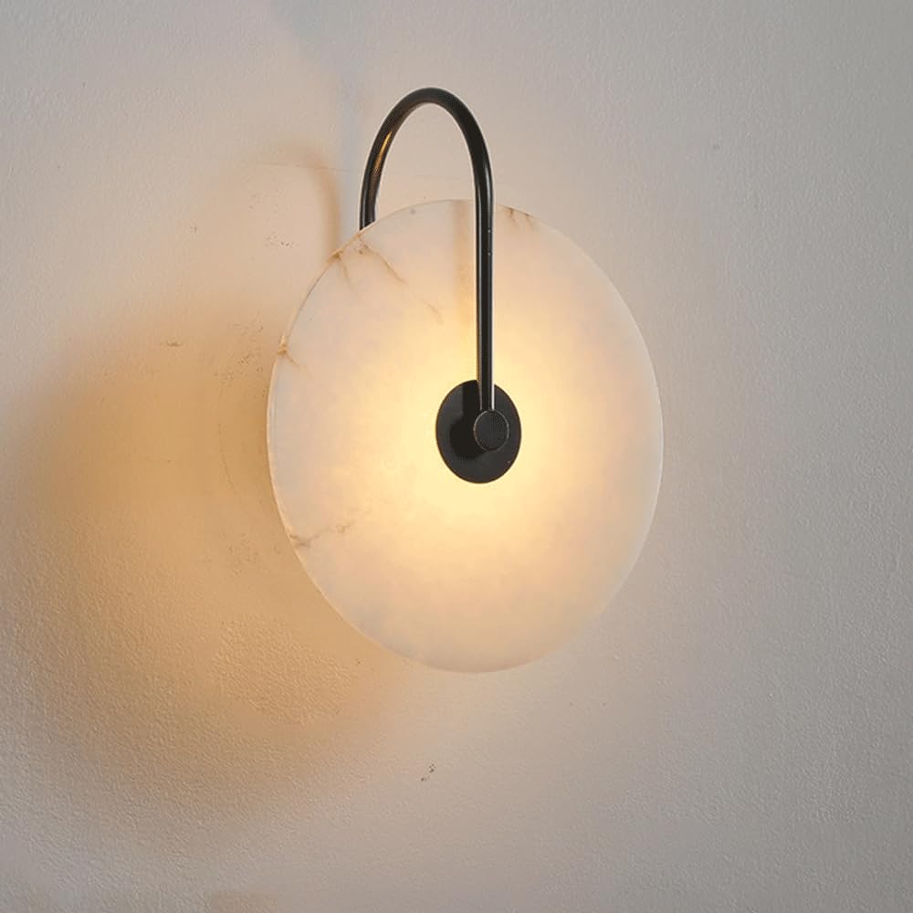 HUAYUSEDF 9.84In Alabaster Wall Sconce Natural Marble Lighting Fixtures Indoor Mid Century Modern Light Round Stone Lamps 3000K G9 Vanity for Living Room Bedroom Hallway Stair(Black)
