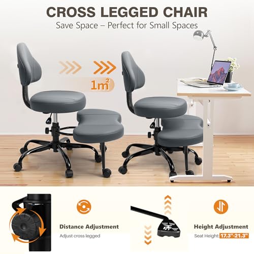 AtHope クロスレッグオフィスチェア クリスクロスデスクチェア ADHD 瞑想 ひざ掛け ヨガシート 高さ調節可能 ランバーサポート 幅広のフットレスト キャスター付き (ダークグレー) [4]