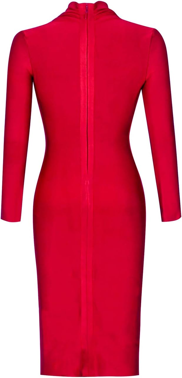 UONBOX Women's Deep Plunge V Neck Long Sleeves Draped Knee Length Bodycon Bandage Dress - Image 5