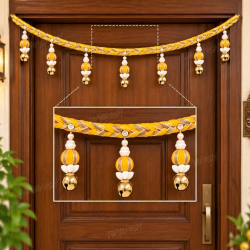 Image of Divyakosh 37 Inch Woolen Toran with Ghungroo & Kaudi (Shells) for Temple & Main Door Entrance, Pink Sacred Thread Handmade Hanging, Entrance for Main Door, Pooja Room Decoration Items
