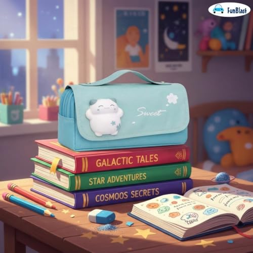 Image of FunBlast Multi-Purpose Pouch - Double Compartment Large Capacity Pouch - Happy Planet Zipper Pencil Case for Kids, Pencil Box for Kids, Stationary Pouch for Students School Supplies (Sky Blue-A)