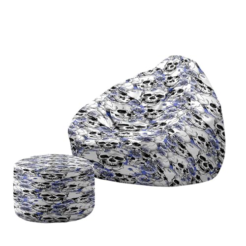 Hiseng Funda Puff Pera con Reposapies Sin Relleno S M L XL XXL, Puff Sin Relleno Lavable Grande Pequeño para Infantil Adultos Almacenaje de Juguetes de Peluche (Impresión de Calavera 2,70x80cm)
