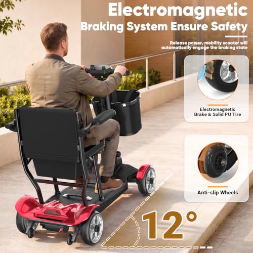 Image of 4-Wheel Motorized Scooters for Seniors-39LBS Light Frame& 30 Miles Range | 350LBS Capacity& 270W Brushless Motor Powered Folding Electric Wheelchair with Dust Cover& LED Lights& Auto Brake-Red Color