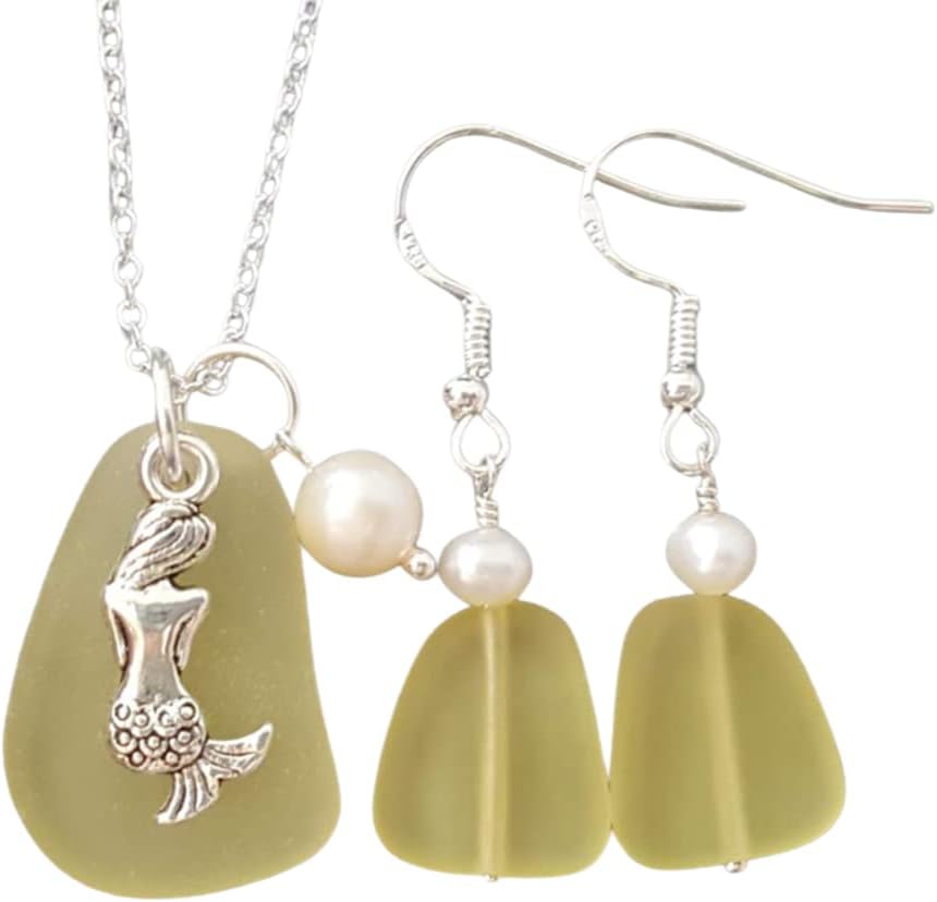 YInahawaii Handmade Yellow Topaz "November Birthstone Color" sea glass necklace + earrings set, Mermaid, Pearl, (Hawaii Gift Wrapped, Customizable Gift Message)