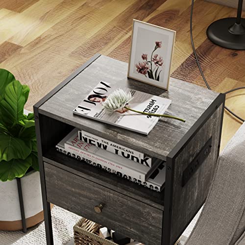 Ldttcuk Nightstand With Charging Station, Modern End Table With Drawer, Bedside Table With Open Storage For Bedroom, Retro Grey #TOP4