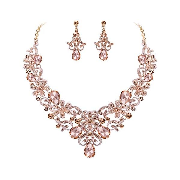 BriLove Women's Costume Elegant Crystal Flower Scroll Teardrop Statement Necklace Dangle Earrings Set