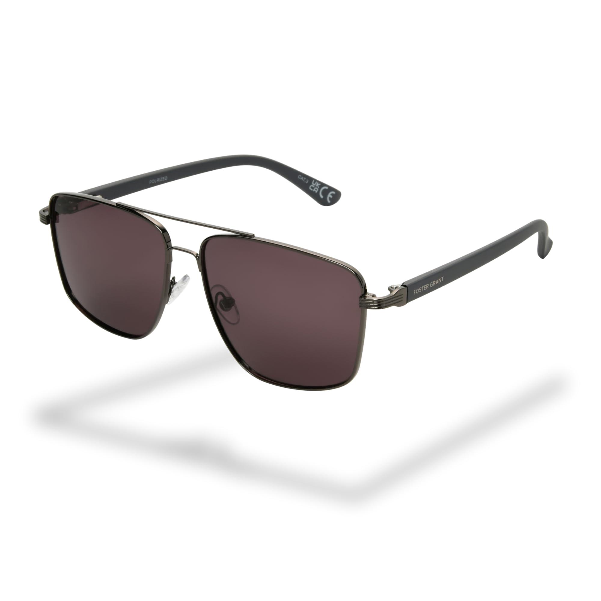 Foster Grant Polarised Sunglasses for Men – Gunmetal Aviator Frame with UVA-UVB Protection, Scratch-Resistant Smoke Lenses & Angular Metal Design for Everyday Style