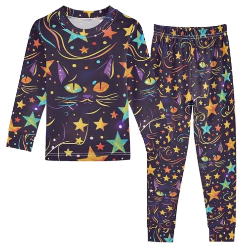 Fustylead Vibrant Colorful Halloween Black Cat and Stars Pajamas Cotton Sleepover PJ Set Long Sleeve Lounge Wear