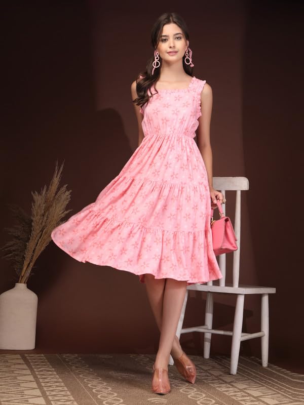 Image of Daevish New Rayon Floral Printed Flared Midi Dress for Women | Women Calf Length Dress