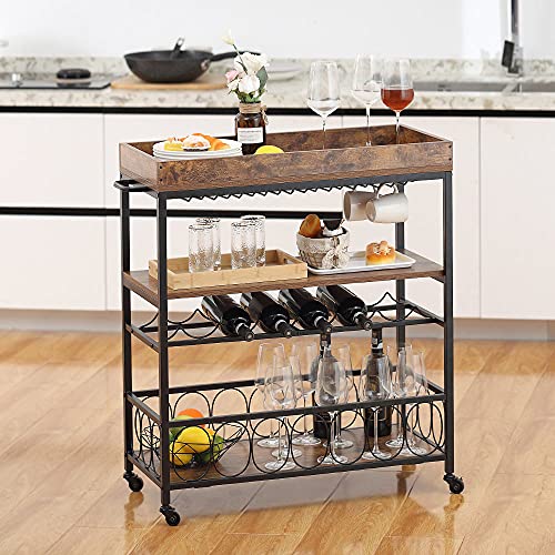 Dulcii Bar Carts, Multi-Purpose 4-Tier Industrial Kitchen Cart with Wine Rack Lockable Wheels, Serving Trolley with Glass Holder Wine Rack for Dining Room Living Room Kitchen Restaurant 31.3x15x36inch