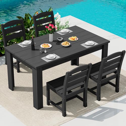Image of SERWALL 59 inch Outdoor Dining Set for 4, w / 1 Table & 4 Armless Chairs, Black | Armless Patio Dining Sets for All Weather Use