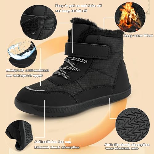 Kids Barefoot Winter Snow Boots Toddler, Children's High Top Plus Velvet Thick Wide Head Cotton Shoes Outdoor Warm Hiking Boots For Boys Girls4
