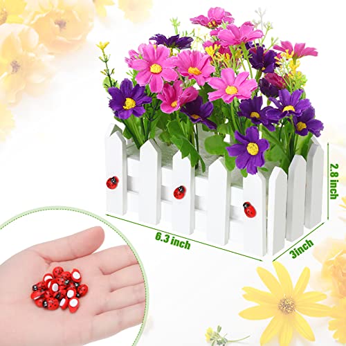 Jexine Artificial Flower Plants Potted In Picket Fence, Faux Mixed Color Flowers And Self Adhesive Wooden Mini Ladybugs For Crafts For Wedding Home Summer Diy Decor (6.3 Inch, 24 Pcs) #TOP1