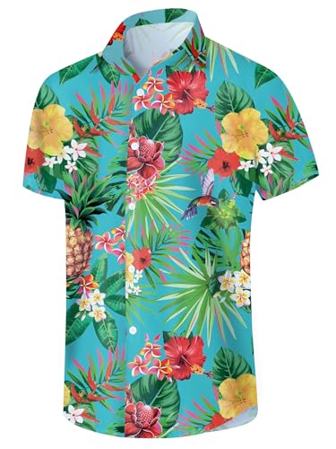 Kyrvtx Hawaiian Shirt for Men Summer Casual Beach Button Down Short Sleeve Printed Tropical Vacation Shirts Green Flower XXL