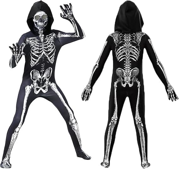 Party Fashion - Costume Squelette, combinaison avec capuche, fluo, brille sous la lumière UV, déguisement d'Halloween (140)