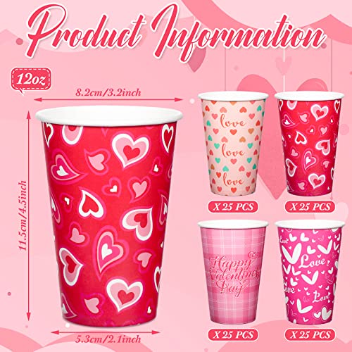 Zopeal 100 Pcs 12 Oz Valentine's Day Disposable Coffee Cups Heart Paper Cups Valentine Insulated Reusable Drinks Cups For Valentine's Day Hot Cold Drinks Party Dinner Supplies #TOP1