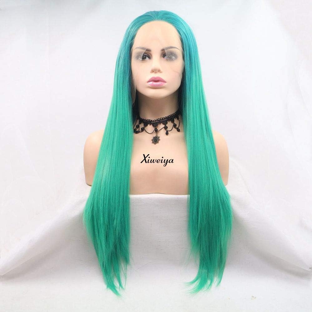 Xiweiya Mixed Green Blue Lace Front Wig Long Silky Straight Ombre Blue Green Color 13 * 4 Lace Front Wig Soft Hair Natural Hairline Heat Resistant Fiber Wig 150% Density Hair for Women 24inch