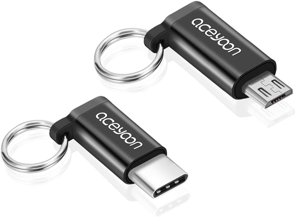 aceyoon Micro USB to USB C Adapter Keychain Fast Charge 2 Pack, USBC Female to Mini USB Male Adaptor + MircoUSB Female to Type C Male Converter Compatible for Samsung Galaxy S9 S8 Plus Note 9 8