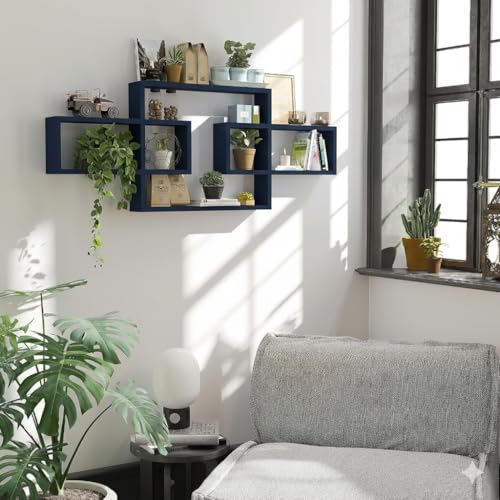 Image of Wooden Wall Shelves for Living Room, Bedroom Wall Mounted Rectangle Bookcase, Intersecting Wall Shelves for Storage Modern Decorative Display Shelves for Wall Decor (Navy)