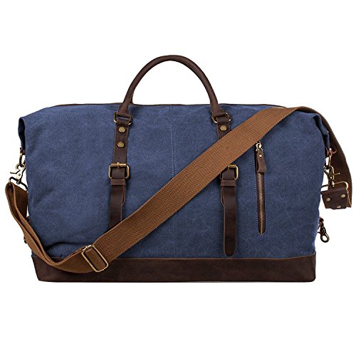 Berchirly Oversized Canvas Handbag Genuine Leather Trim Travel Duffel Shoulder Weekend Bag Tote