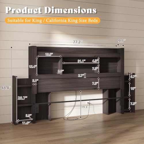 Image of AMERLIFE King /Cal King Size Wood Headboard Only with Storage, Black Oak