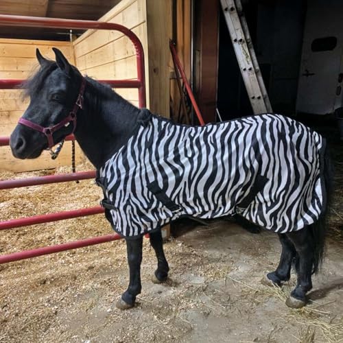 Image of Country Pride Miniature Horse Zebra Print Fly Sheet, Lightweight UV Protection, Adjustable Double Buckle Front, Bias Surcingle, Removable Leg Straps, Fleece Wither Protection (Medium 40-43 inch)