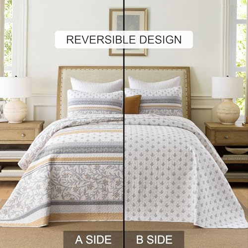 Bedduvit 100% Cotton 120"x120" Oversized King Bedspread - Farmhouse Rustic Floral Striped Patchwork Extra Wide King Quilt Set, Lightweight Reversible Bedspreads for All Season, 3pcs, Yellow/Gray/White - image 5