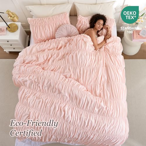 Image of weigelia Cinched Comforter Set Queen - 3PCS Soft Cozy Blush Pink Queen Bedding Set with Decorative Ruched Design, Fluffy Lightweight All Season Cute Comforter for Elegant Home & Bedroom Decor