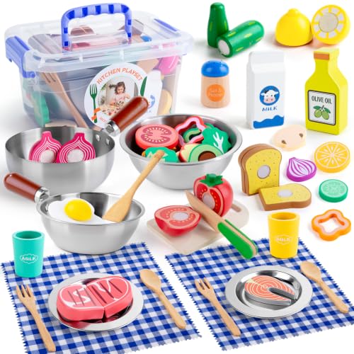 SEMKOTREE Accesorios Cocina Juguete, Cocinita de Madera Infantil Utensilios Cocina Niños, Utensilios de Cocina Acero Inoxidable Comida Juguete, Juguetes Montessori Niños Regalo Niña 3 4 5 6 Años