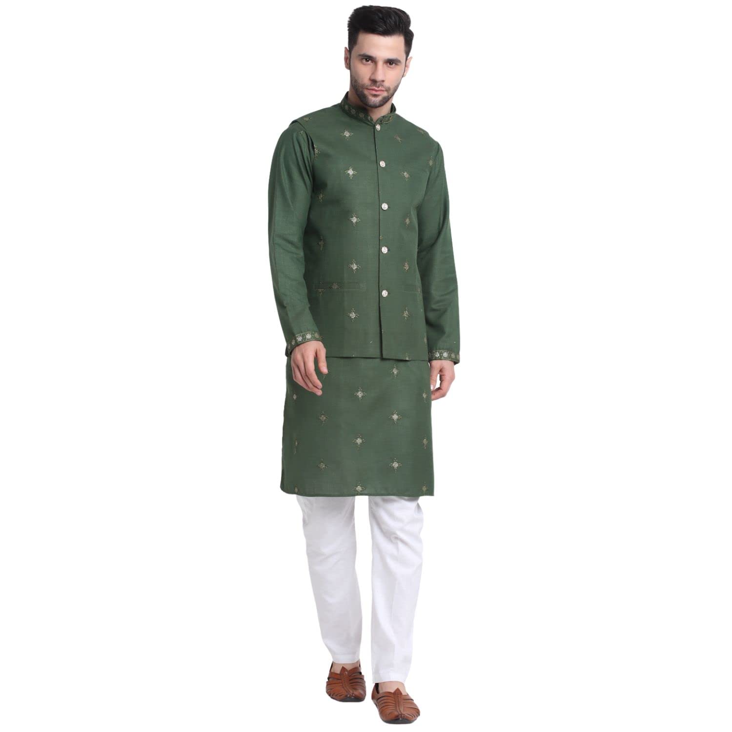 kraft india Men Ruby Cotton Sequence Embroided Kurta Trouser With Nehru Jacket-picture-17