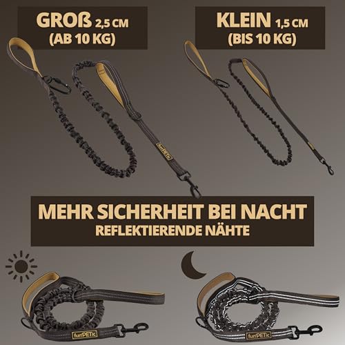 funPETic Hundeleine elastisch – Anbinden möglich, Zwei Griffe, reflektierend, für große und mittelgroße Hunde - braun