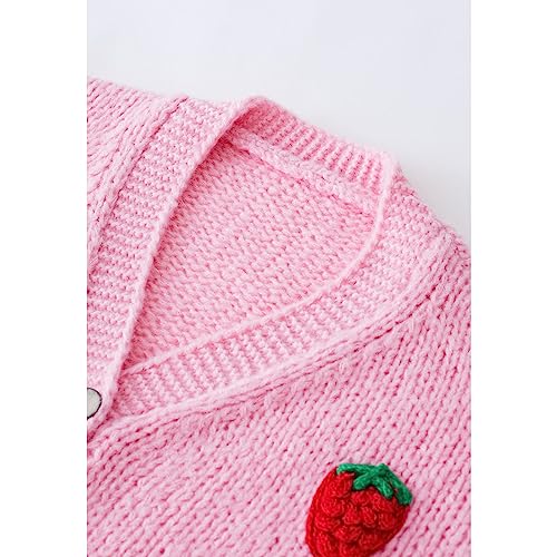 Image of CHICWISH Women's Candy Pink /Cream Stitch Strawberry Button Up Hand Knit Cardigan