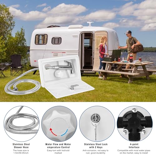 Douche de Camping-Car, Kit de Douche Extérieure pour Camping-Car, RV Extérieur Boîte de Douche avec D'eau Chaude et Froide avec Tuyau Métallique de 1,5 M pour Bateau Camping-Car Caravane, Blanc – vue 5