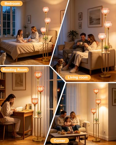 Image of Lightdot 3-Lights Glass Floor Lamp for Living Room Modern Gold Floor Lamps with Lotus Deep Red Glass Shade& Bulbs Included for Wedding /Party Tall Standing Lamp for Bedroom /Sofa Beside /Corner Decor