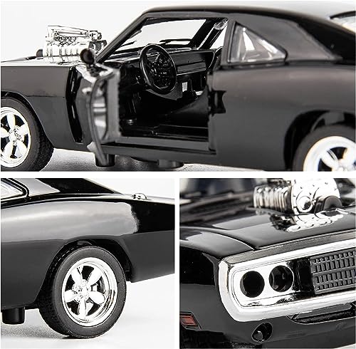 Image of Alloy Metal Pull Back Die-cast Car 1:32 Fast and The Furious Dodge Charger Diecast Metal Pullback Toy car with Openable Doors, Light Music Boys Gifts Toys for Kids -Black