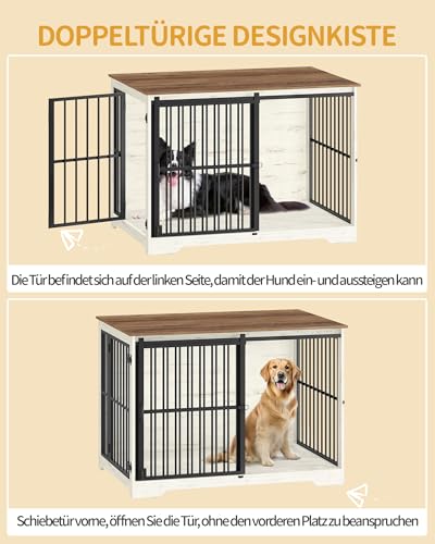 Hzuaneri Hundekäfig Möbel, 110 cm Hundebox, 2 Türen, Moderne Hundekäfig Indoor für Kleine/Mittlere/Große Hunde, Beistelltisch, Verstärkte Schiebetür, 110 × 65 × 81 cm, Weiß Braun DFC84414B