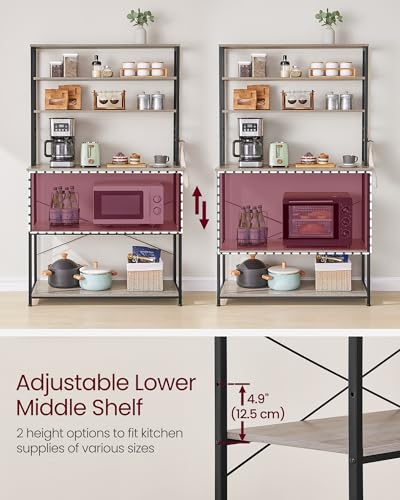 Image of VASAGLE Coffee Bar, 39.4 Inches Baker's Rack for Kitchen with Storage, 6-Tier Kitchen Shelves with 6 Hooks, Microwave Stand, Industrial, Heather Greige and Ink Black UKKS039K02