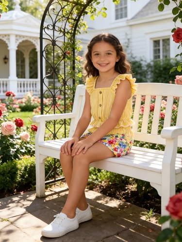 Image of Kids Toddler Girls Summer Clothes Button Design Striped Tank Top + Floral-Print Elastic Shorts 2 Piece Outfits