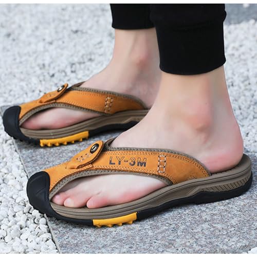 MILDSEVEN Handmade Men's Large Size Hiking Sandals, Fashion Real Leather Closed Toe Slippers, Outdoor Breathable Backpacking Beach Shoes,8,Gold4