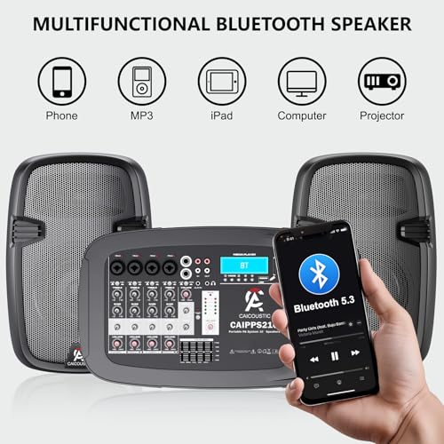 Image of 8-Channel Portable PA System with Bluetooth, Microphone, 2 Speaker Stands, USB, Reverb /Delay Effects - Perfect for Outdoor Events, Parties, Weddings, Church Services (2 x 10 Woofers)