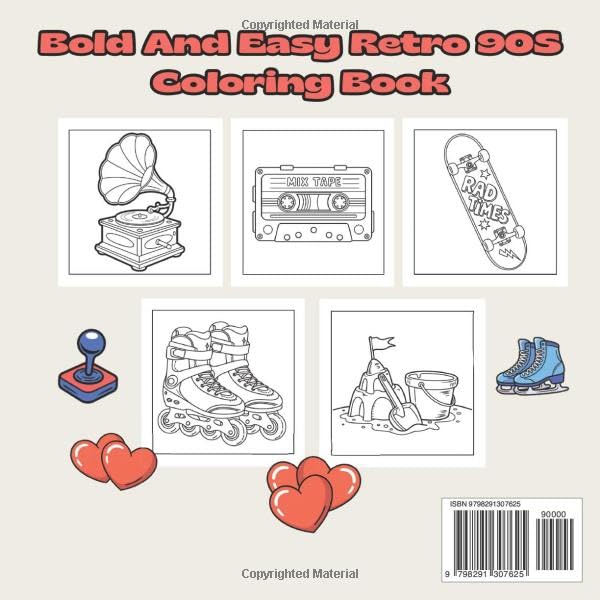 Miniatura 2 de Bold and Easy Retro 90s Coloring Book Color 60 bold and nostalgic retro 90s images 8.5x8.5 inches, 122 pages Perfect for relaxation, nostalgia, and